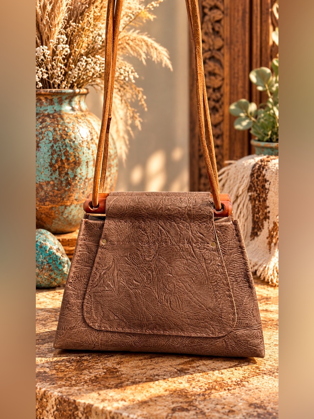 Genuine Leather Boho Western Shoulder Bag w Wooden Bar Accent Artisan Handmade